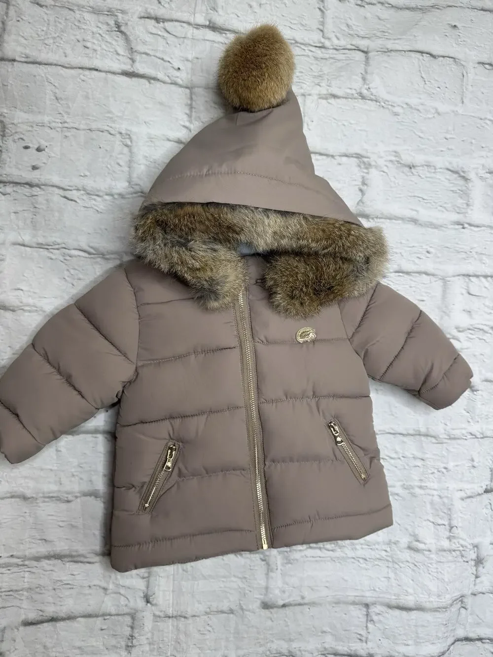 Tartine Et Chocolat Winter Coat Jacket real Fur Puff baby 6m Taupe